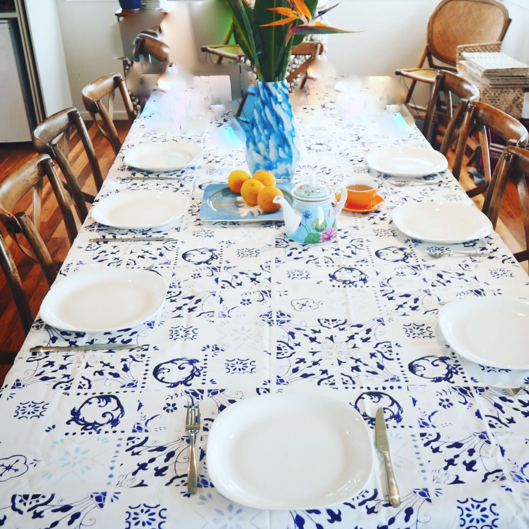 Tablecloth - Blue/White Tile Rectangle