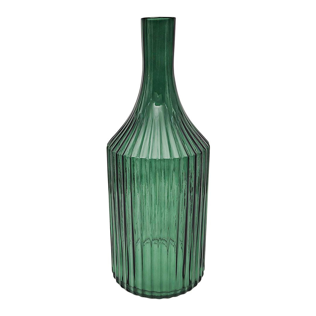 Glass Ribbed Bottle Vase Emerald
