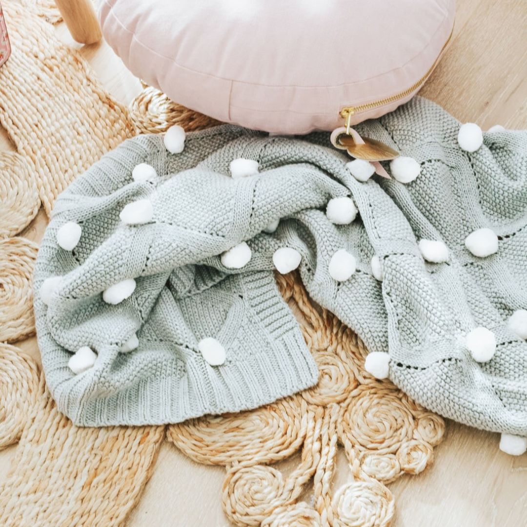 Pom Pom Baby Blanket Baby Blue