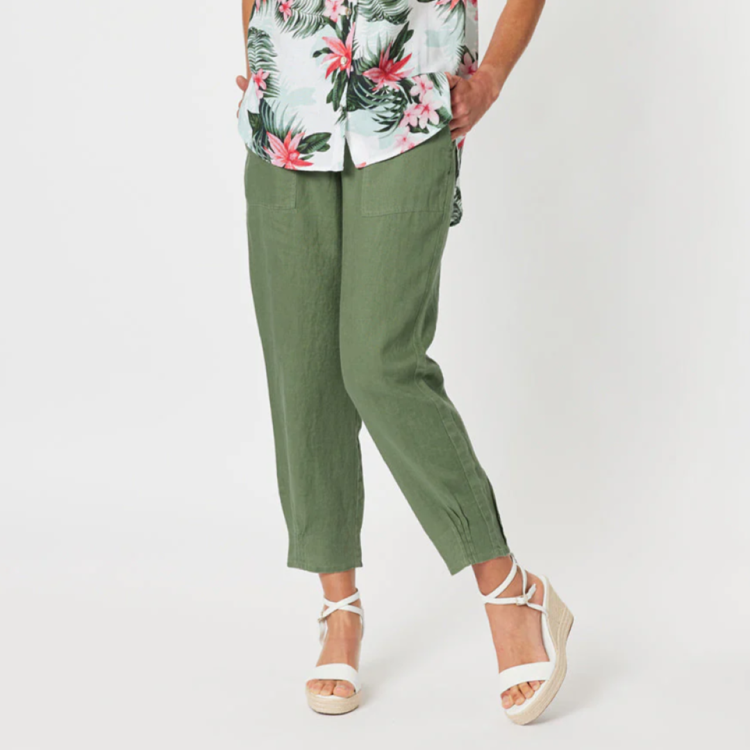 Sarah Ribbed Waist Linen Pant - Khaki