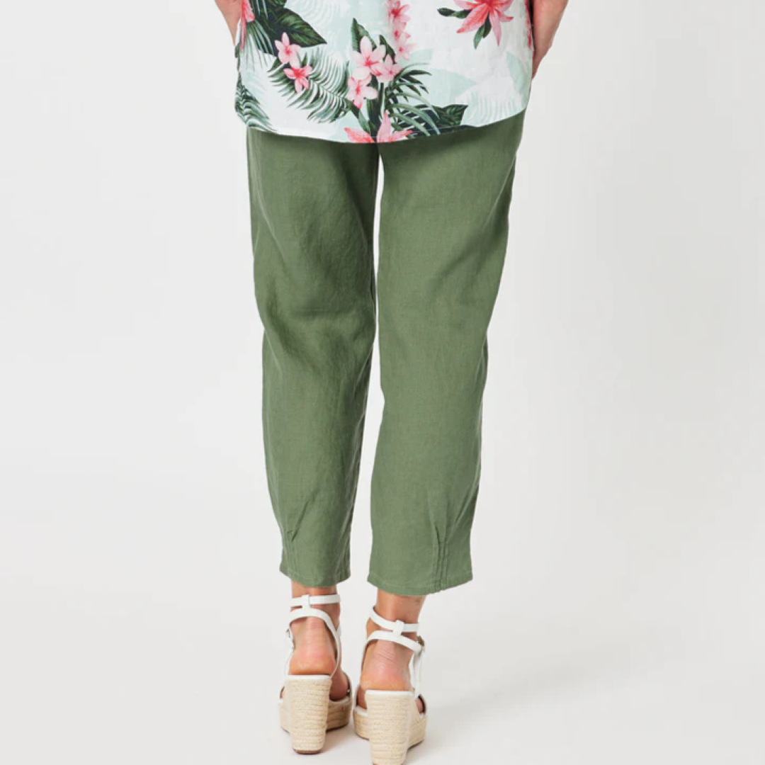 Sarah Ribbed Waist Linen Pant - Khaki