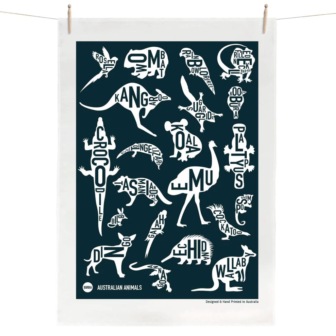 Australian Animals Tea Towel - Navy