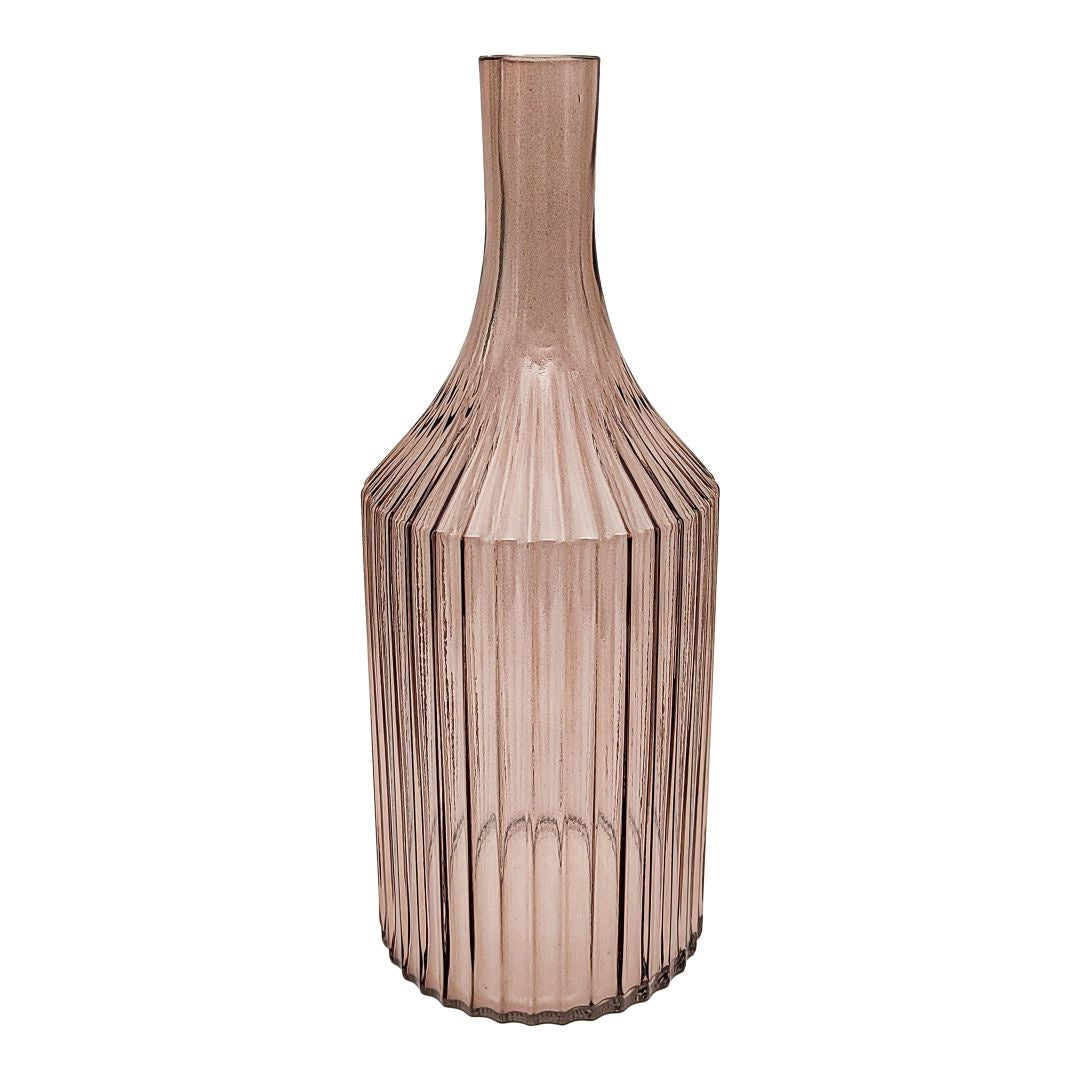 Glass Ribbed Bottle Vase Pink